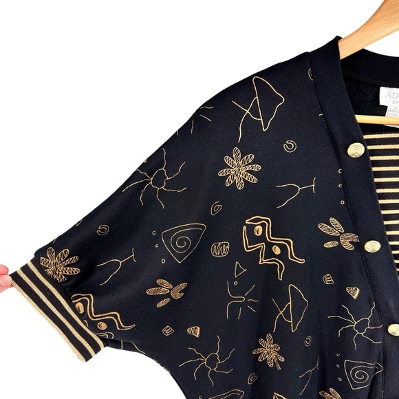 Vintage Adolfo Sport Womens Abstract Print Metallic Gold Top Size XL Black Artsy - Picture 7 of 15